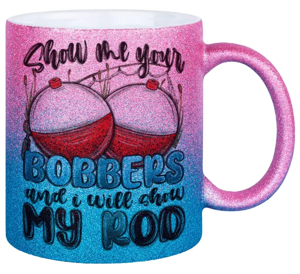 Show me your bobbers and i will show my rod — Gold/blue glitter mug, ceramic, 330ml