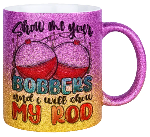 Show me your bobbers and i will show my rod — Gold/pink glitter mug, ceramic, 330ml