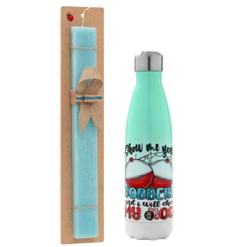 Show me your bobbers and i will show my rod , Easter Set, Metallic green/white thermos (Stainless steel), double-walled, 500ml & scented flat Easter candle (30cm) (TURQUOISE)