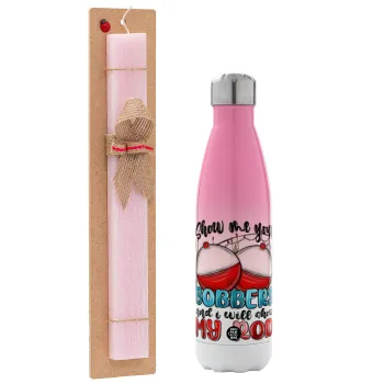 Show me your bobbers and i will show my rod , Easter Set, Metallic pink/white (Stainless steel) thermos, double-walled, 500ml & aromatic flat Easter candle (30cm) (PINK)
