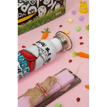 Show me your bobbers and i will show my rod , Easter Set, SS Metallic water bottle (620ml, stainless steel) & scented flat Easter candle (30cm) (PINK)