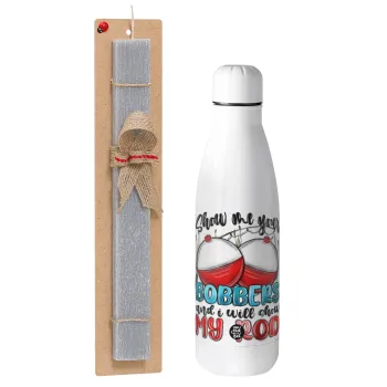 Show me your bobbers and i will show my rod , Easter Set, metallic stainless thermos bottle (500ml) & scented flat Easter candle (30cm) (GRAY)