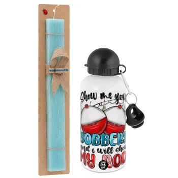 Show me your bobbers and i will show my rod , Easter Set, metallic aluminum water bottle (500ml) & scented flat candle (30cm) (TURQUOISE)