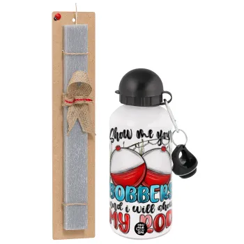 Show me your bobbers and i will show my rod , Easter Set, metallic aluminum water bottle (500ml) & aromatic flat Easter candle (30cm) (GRAY)