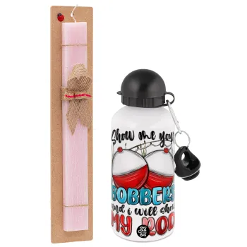 Show me your bobbers and i will show my rod , Easter Set, metallic aluminum bottle (500ml) & aromatic flat Easter candle (30cm) (PINK)