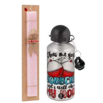 Show me your bobbers and i will show my rod , Easter Set, metallic Silver aluminum water bottle (500ml) & scented flat Easter candle (30cm) (PINK)