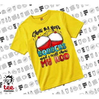 Show me your bobbers and i will show my rod , yellow childrens T-Shirt made of 100% cotton, for every day. Vegan & OEKO-TEX certified.