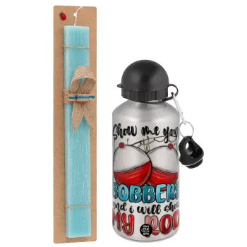 Show me your bobbers and i will show my rod , Easter Set, metallic silver aluminum water bottle (500ml) & scented flat Easter candle (30cm) (TURQUOISE)