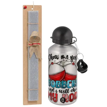 Show me your bobbers and i will show my rod , Easter Set, metallic silver aluminum water bottle (500ml) & aromatic flat Easter candle (30cm) (GRAY)