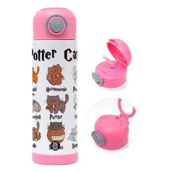 Potter Cats, Παιδικό παγούρι θερμό, ανοξείδωτο, με καλαμάκι ασφαλείας, ΡΟΖ (500ml)
