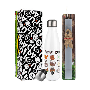 Potter Cats, Easter candle, metallic white thermos bottle (500ml) & aromatic flat candle (30cm) (GRAY)
