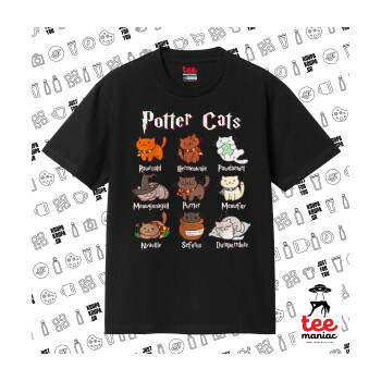 Potter Cats, Κλασικό T-Shirt, διπλής ραφής, χωρίς πλευρικές ραφές ΜΑΥΡΟ από 100% βαμβάκι. Vegan & OEKO-TEX πιστοποιημένο.