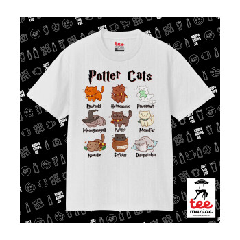 Potter Cats, Κλασικό T-Shirt, διπλής ραφής, χωρίς πλευρικές ραφές ΛΕΥΚΟ από 100% βαμβάκι. Vegan & OEKO-TEX πιστοποιημένο.