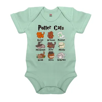 Potter Cats, Βρεφικό φορμάκι μωρού, 0-18 μηνών, mint (Μέντα), 100% Organic Cotton, κοντομάνικο