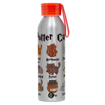 Potter Cats, Αλουμινένιο Αθλητικό Μπουκάλι 650ml – Ασημί με Κόκκινο Καπάκι και Λουράκι Σιλικόνης