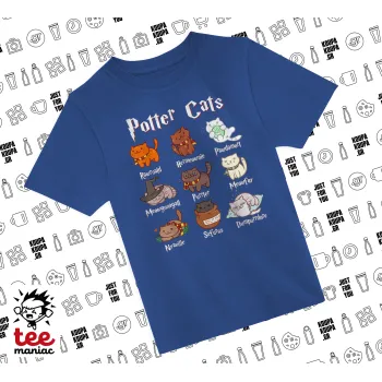 Potter Cats, Παιδικό T-Shirt ΜΠΛΕ από 100% βαμβάκι, για κάθε μέρα. Vegan & OEKO-TEX πιστοποιημένο.