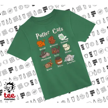 Potter Cats, Άνετο παιδικό T-Shirt ΠΡΑΣΙΝΟ από 100% βαμβάκι, για κάθε μέρα. Vegan & OEKO-TEX πιστοποιημένο.