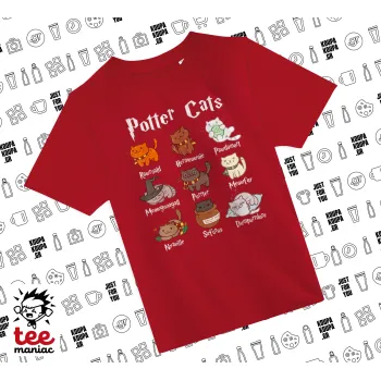 Potter Cats, Άνετο παιδικό T-Shirt ΚΟΚΚΙΝΟ από 100% βαμβάκι, για κάθε μέρα. Vegan & OEKO-TEX πιστοποιημένο.