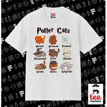 Potter Cats, Κλασικό T-Shirt, διπλής ραφής, χωρίς πλευρικές ραφές ΛΕΥΚΟ από 100% βαμβάκι. Vegan & OEKO-TEX πιστοποιημένο.