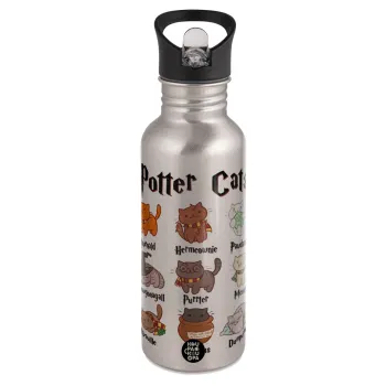 Potter Cats, Water bottle Silver with straw, stainless steel 600ml