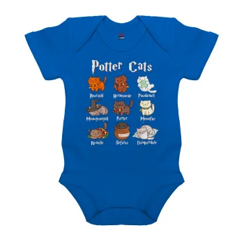 Potter Cats, Βρεφικό φορμάκι μωρού, Μπλε Κοβαλτίου, 100% Organic Cotton, κοντομάνικο