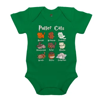 Potter Cats, Βρεφικό φορμάκι μωρού, ΠΡΑΣΙΝΟ, 100% Organic Cotton, κοντομάνικο