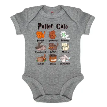 Potter Cats, Βρεφικό φορμάκι μωρού, 0-18 μηνών, ΓΚΡΙ ΜΕΛΑΝΖΕ, 100% Organic Cotton, κοντομάνικο