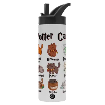 Potter Cats, Μεταλλικό παγούρι θερμός με καλαμάκι & χειρολαβή, ανοξείδωτο ατσάλι (Stainless steel 304), διπλού τοιχώματος, 600ml