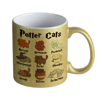 Potter Cats, Κούπα Χρυσή Glitter που γυαλίζει, κεραμική, 330ml