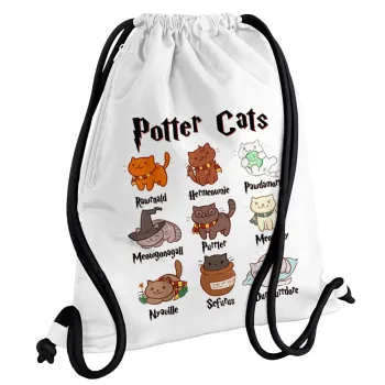 Potter Cats, Τσάντα πλάτης πουγκί GYMBAG λευκή, με τσέπη (40x48cm) & χονδρά κορδόνια