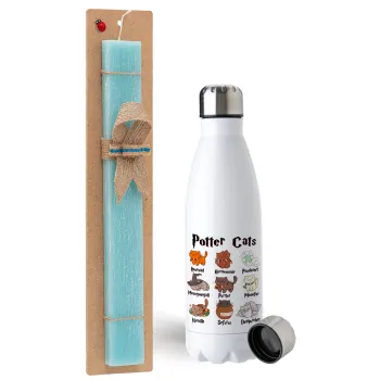 Potter Cats, Easter Set, metallic stainless steel water bottle (750ml) & aromatic flat Easter candle (30cm) (TURQUOISE)