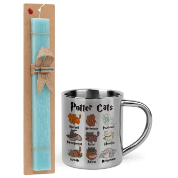 Potter Cats, Easter Set, metallic thermal cup (300ml) & aromatic flat Easter candle (30cm) (TURQUOISE)