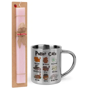 Potter Cats, Easter Set, metallic thermal cup (300ml) & aromatic flat Easter candle (30cm) (PINK)