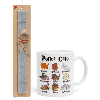 Potter Cats, Easter Set, Ceramic Cup (330ml) & Easter aromatic flat candle (30cm) (GRAY)