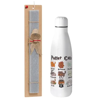 Potter Cats, Πασχαλινή Λαμπάδα με μεταλλικό παγούρι θερμός ανοξείδωτο (500ml) & κερί αρωματικό πλακέ (30cm) (ΓΚΡΙ)