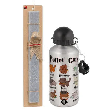 Potter Cats, Easter Set, metallic silver aluminum water bottle (500ml) & aromatic flat Easter candle (30cm) (GRAY)