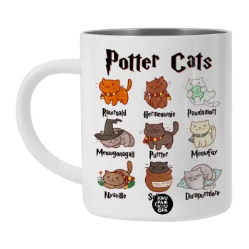 Potter Cats, Λευκή Ανοξείδωτη Μεταλλική Κούπα 450ml - Διπλού Τοιχώματος 