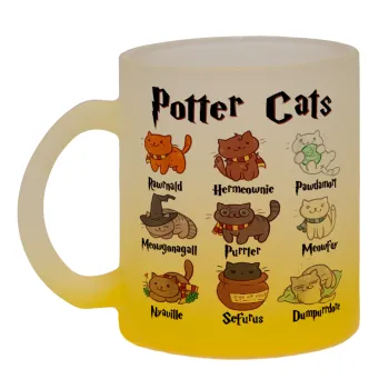 Potter Cats, Κούπα γυάλινη δίχρωμη με βάση το κίτρινο ματ, 330ml