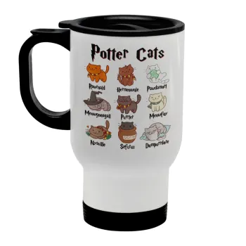 Potter Cats, Κούπα ταξιδιού ανοξείδωτη με καπάκι, διπλού τοιχώματος (θερμό) λευκή 450ml