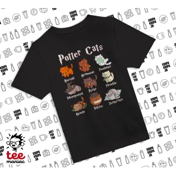 Potter Cats, Άνετο παιδικό T-Shirt ΜΑΥΡΟ από 100% βαμβάκι, για κάθε μέρα. Vegan & OEKO-TEX πιστοποιημένο.