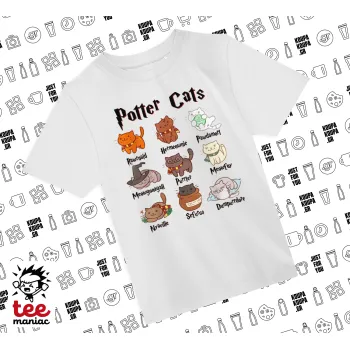 Potter Cats, Άνετο παιδικό T-Shirt ΛΕΥΚΟ από 100% βαμβάκι, για κάθε μέρα. Vegan & OEKO-TEX πιστοποιημένο.