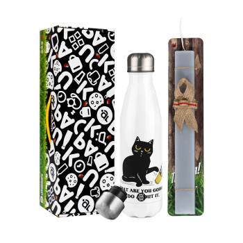 CAT, what are you going to do about it!, Easter candle, metallic white thermos bottle (500ml) & aromatic flat candle (30cm) (GRAY)
