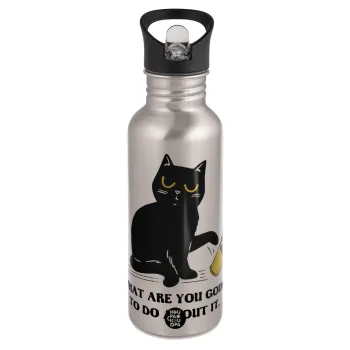 CAT, what are you going to do about it!, Water bottle Silver with straw, stainless steel 600ml