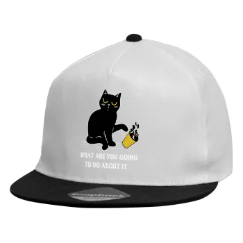 CAT, what are you going to do about it!, Καπέλο παιδικό Flat Snapback, Λευκό (100% ΒΑΜΒΑΚΕΡΟ, ΠΑΙΔΙΚΟ, UNISEX, ONE SIZE)