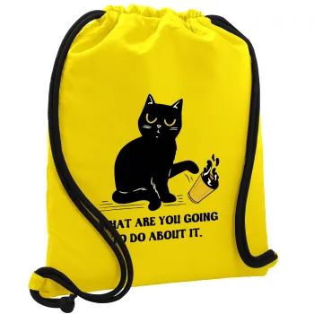 CAT, what are you going to do about it!, Backpack pouch GYMBAG Yellow, with pocket (40x48cm) & thick cords