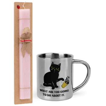 CAT, what are you going to do about it!, Easter Set, metallic thermal cup (300ml) & aromatic flat Easter candle (30cm) (PINK)