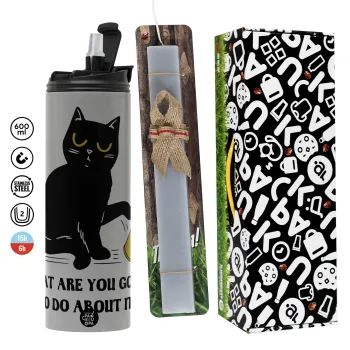 CAT, what are you going to do about it!, Πασχαλινή Λαμπάδα με Travel Tumbler θερμό (600ml, BPA free) & κερί αρωματικό πλακέ (30cm) (ΓΚΡΙ)