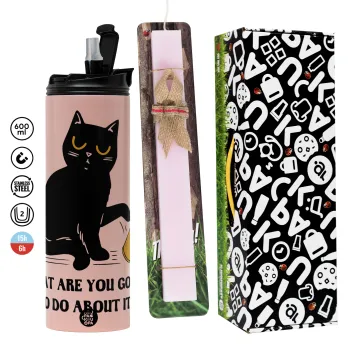 CAT, what are you going to do about it!, Πασχαλινή Λαμπάδα με  ΡΟΖ Travel Tumbler θερμό (600ml, BPA free) & κερί αρωματικό πλακέ (30cm) (ΡΟΖ)
