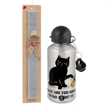 CAT, what are you going to do about it!, Πασχαλινή Λαμπάδα με παγούρι μεταλλικό Ασημένιο αλουμινίου (500ml) & κερί αρωματικό πλακέ (30cm) (ΓΚΡΙ)