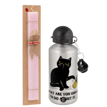 CAT, what are you going to do about it!, Πασχαλινή Λαμπάδα με παγούρι μεταλλικό Ασημένιο αλουμινίου (500ml) & κερί αρωματικό πλακέ (30cm) (ΡΟΖ)